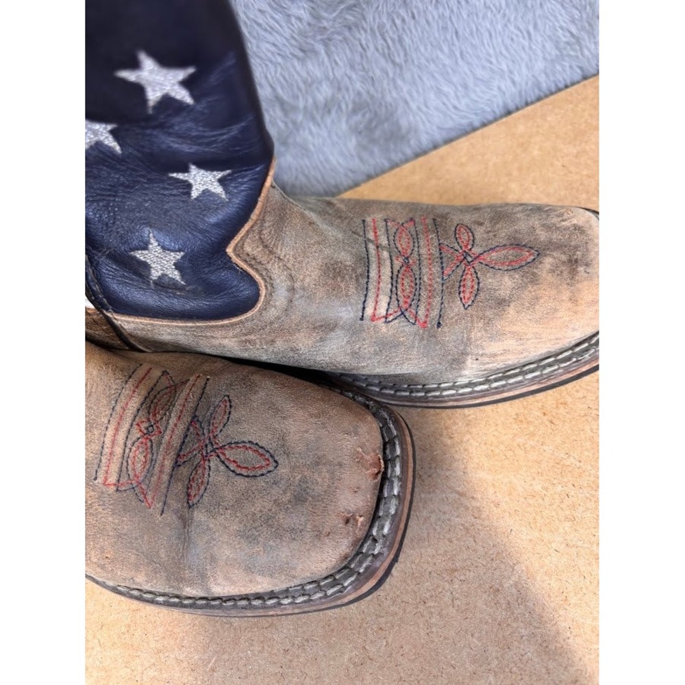 Kids American Flag Western Cowboy Boots Brown Leather Square Toe Stars Stripes - Picture 8 of 10